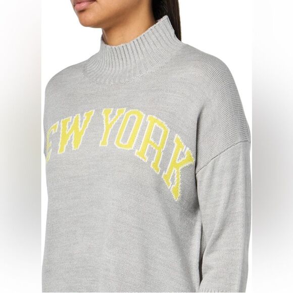 DKNY Gray Crewneck Sweater with BOLD yellow lettering and Ribbed Detailing - Picture 8 of 9